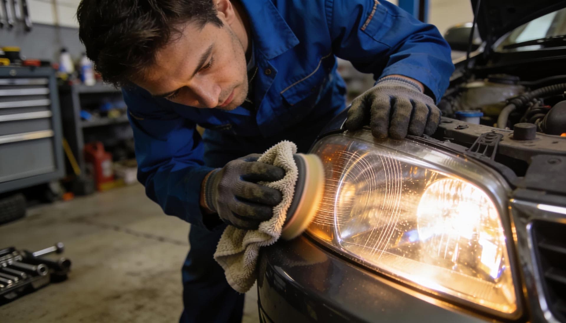 Técnico de Al Detail puliendo el faro de un coche en Ferrol